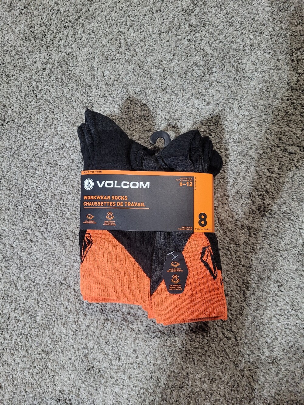 8-Pair Volcom Men Size 6-12 Workwear Logo Cushioned Crew Socks Black Gray Orange